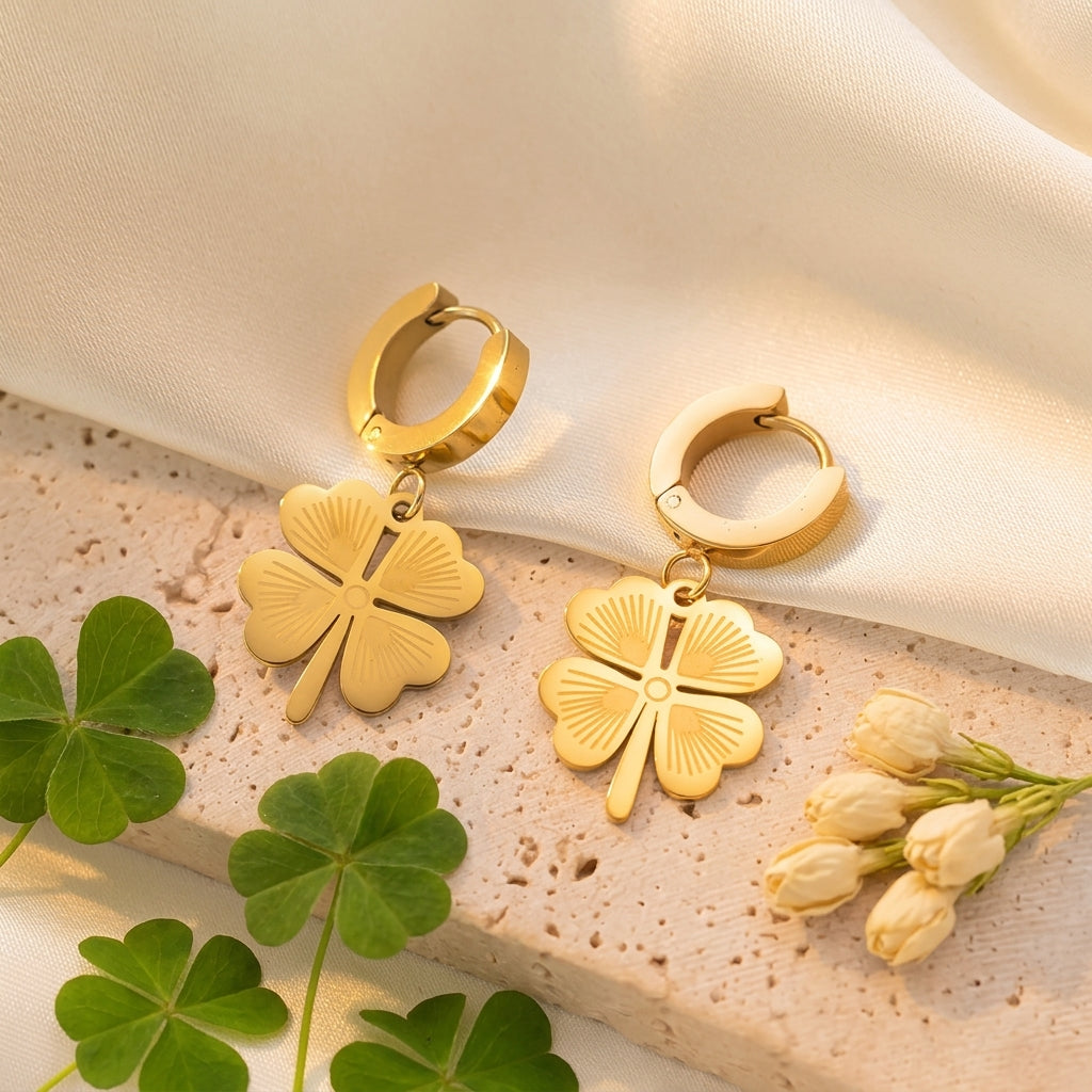 Lucky Clover Gold Huggie Drop Earrings