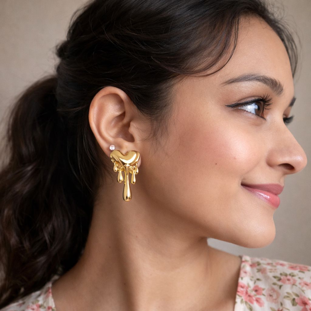 Molten Heart Drop Stud Earrings