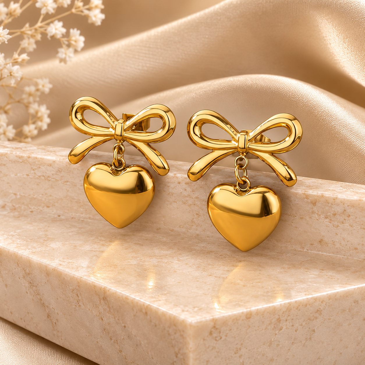 Bow Heart Gold Earrings