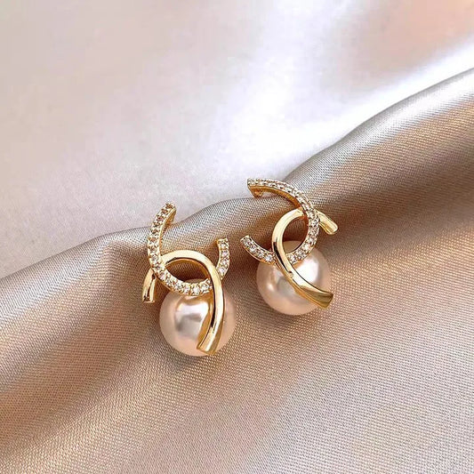 Crystal Double Loop Korean Pearl Stud Earrings