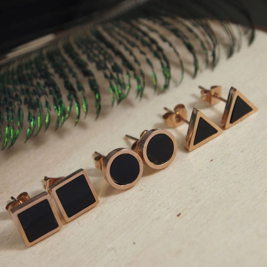 Geometric Rosegold Stud Set – Stainless Steel (Circle, Triangle & Square)
