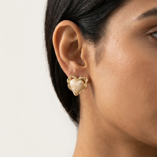 Vintage Gold Trim Heart Korean Stud Earrings