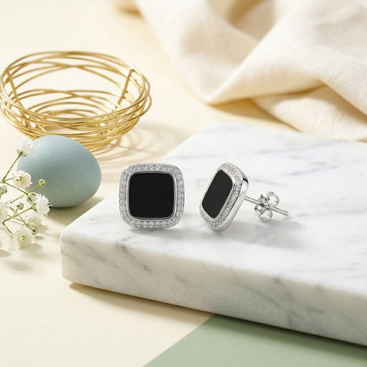 Noir Radiance Square Korean Stud Earrings