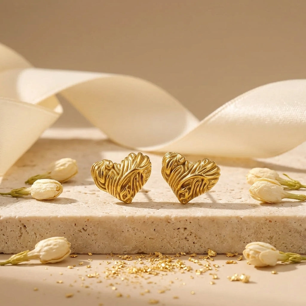 Textured Heart Gold Stud Earrings