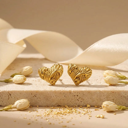 Textured Heart Gold Stud Earrings