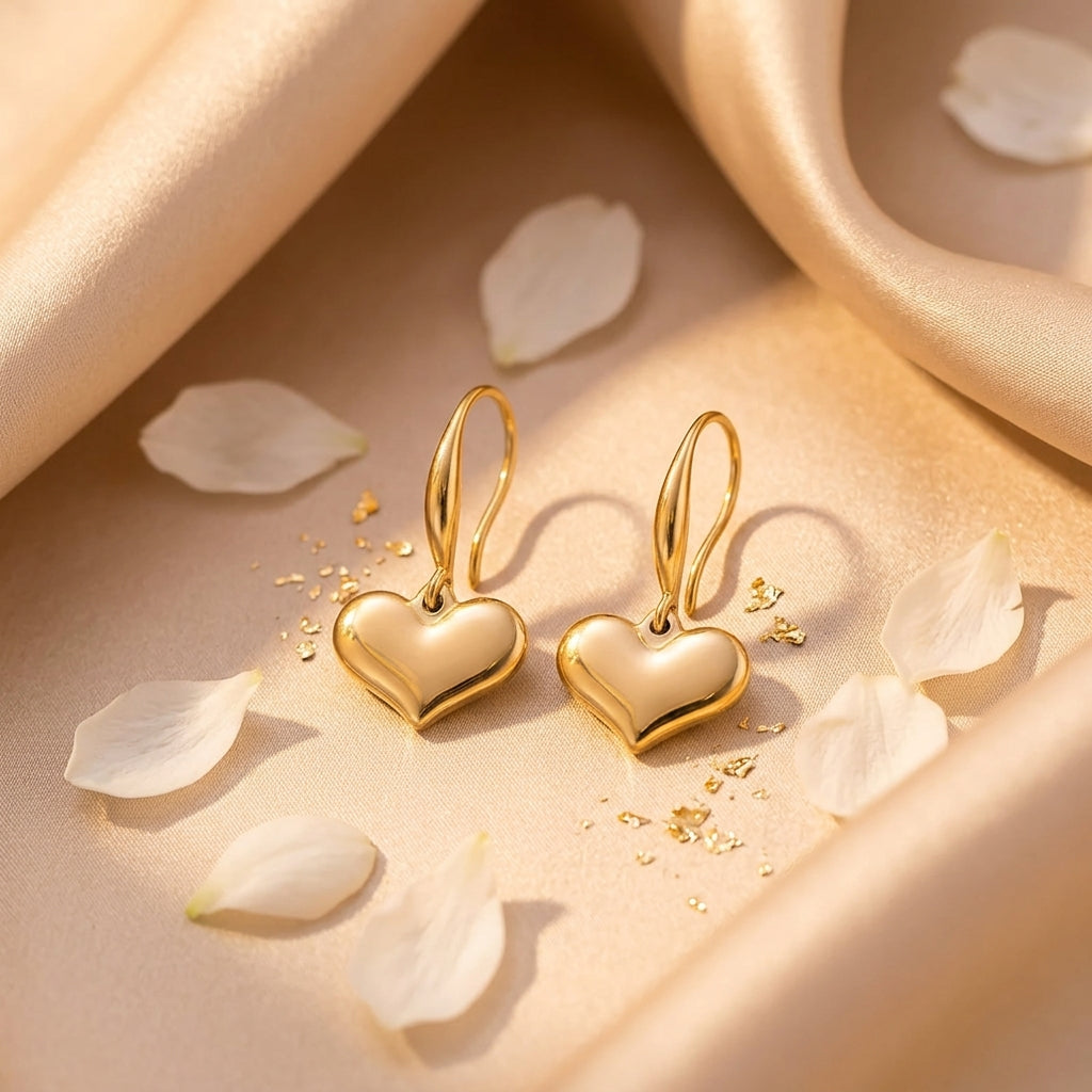 Puffy Heart Gold Drop Earrings