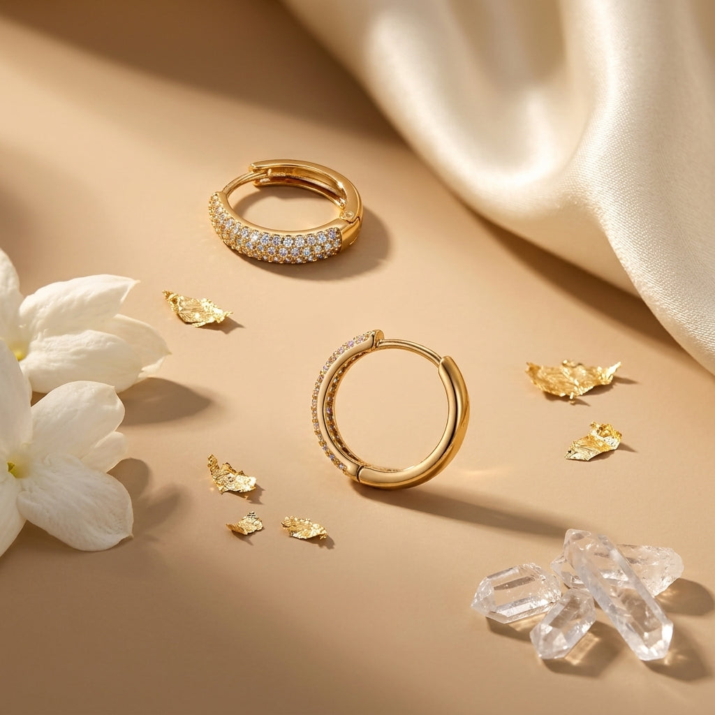 Pave Crystal Gold Huggie Hoop Earrings