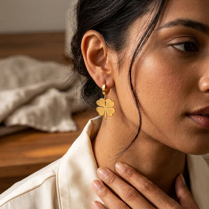 Lucky Clover Gold Huggie Drop Earrings