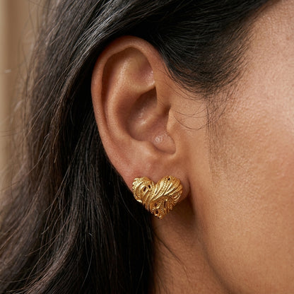 Textured Heart Gold Stud Earrings