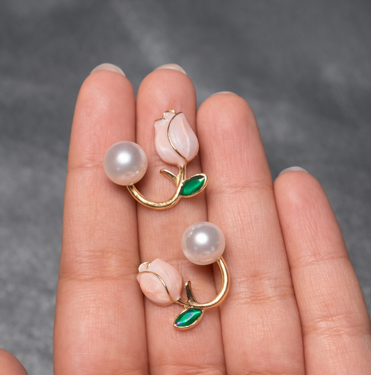 Pink Flower Pearl Stud Earrings