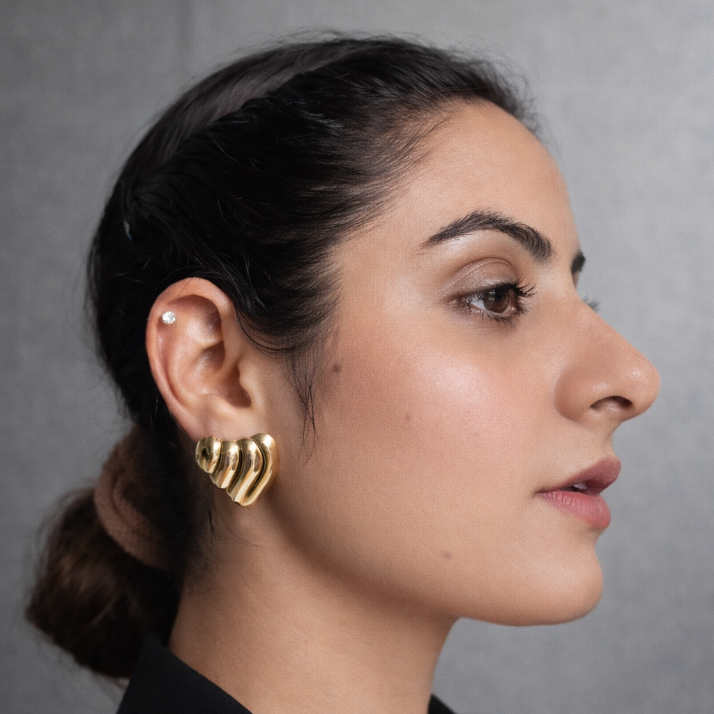 Ripple Heart Gold Stud Earrings