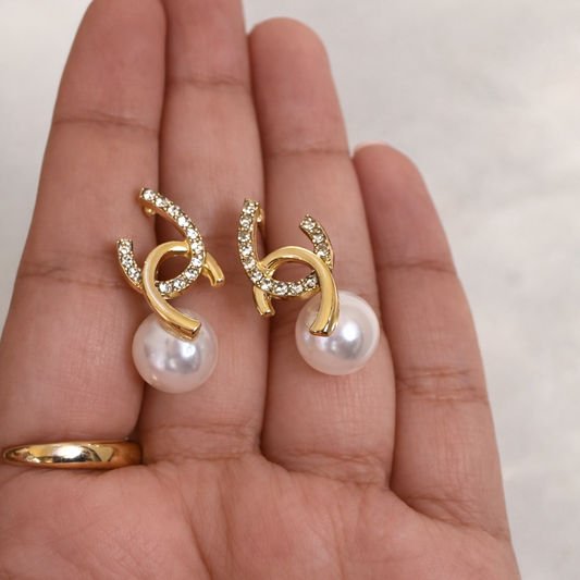 Crystal Double Loop Korean Pearl Stud Earrings